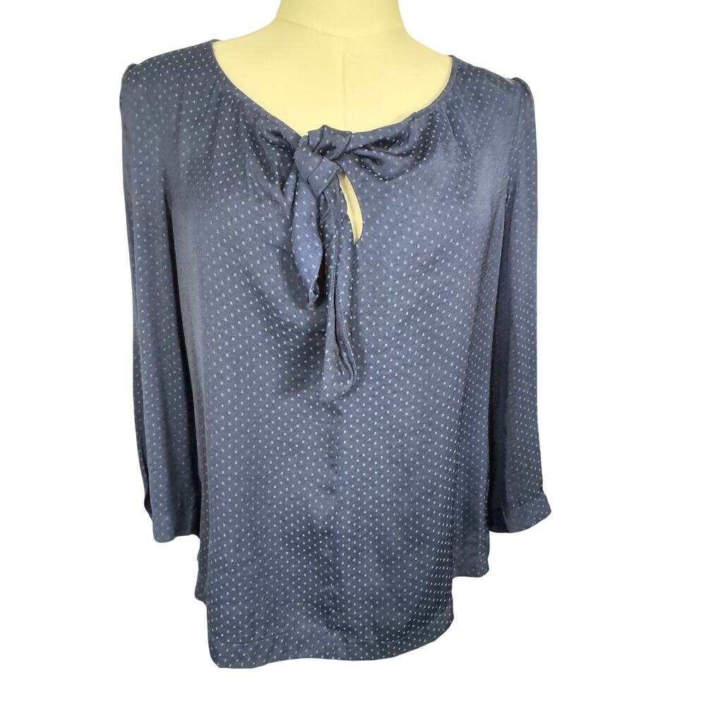 Cabi Navy Polka Dot Tie Neck Blouse Size S Satin Dot Print Work Top